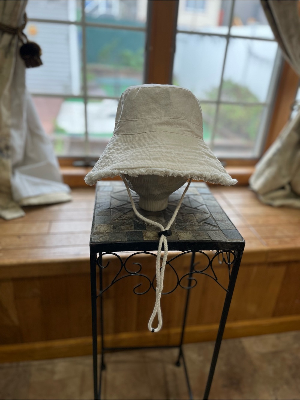 Zara Cream Cotton Bucket Hat with Chin Cord